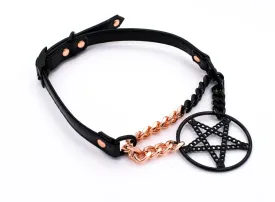 3/8" Split Black Pentacle Vegan Leather Martingale Collar in Rose Gold and Black