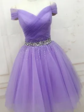 A Line Off The Shoulder Purple Tulle Short Prom Dresses, Off Shoulder Purple Short Evening Homecoming Dresses