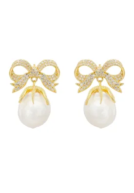 Baroque Pearl Ribbon And Bows Drop Earrings Gold