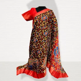 Coffee Brown & Red Soft Jute Cotton Kalamkari Saree with Stitched Blouse