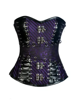 Gray Purple Brocade & Black Faux Leather Gothic Corset