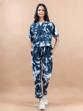 Indigo Color Tie Dye Cotton T Shirt And Jogger Set For Women