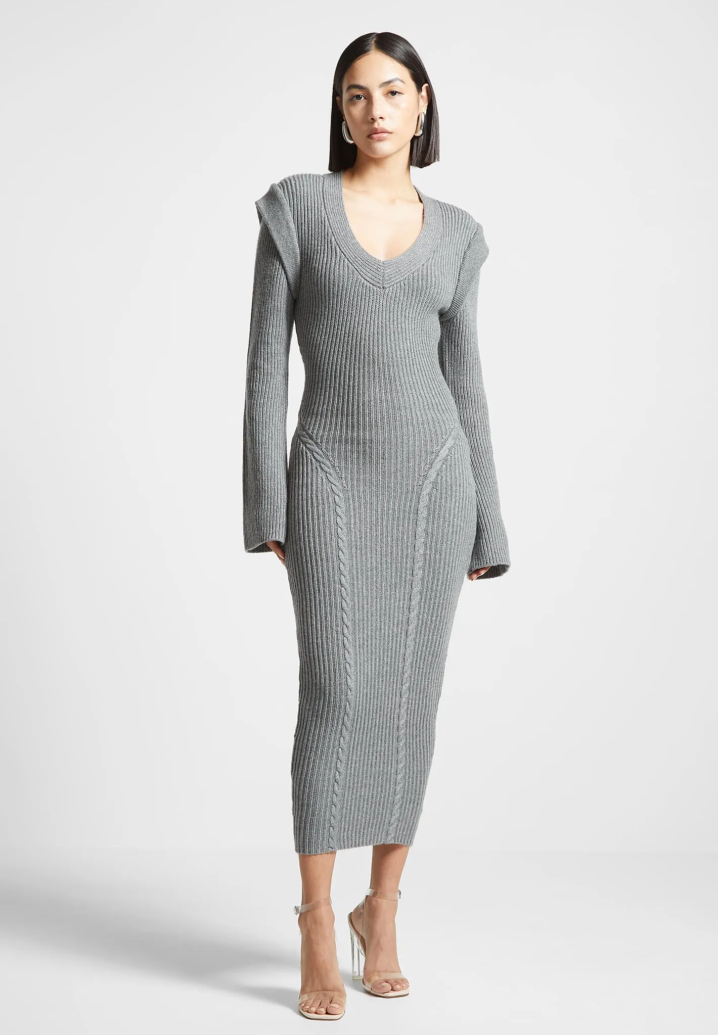 Wide Shoulder Knitted Midaxi Dress - Grey