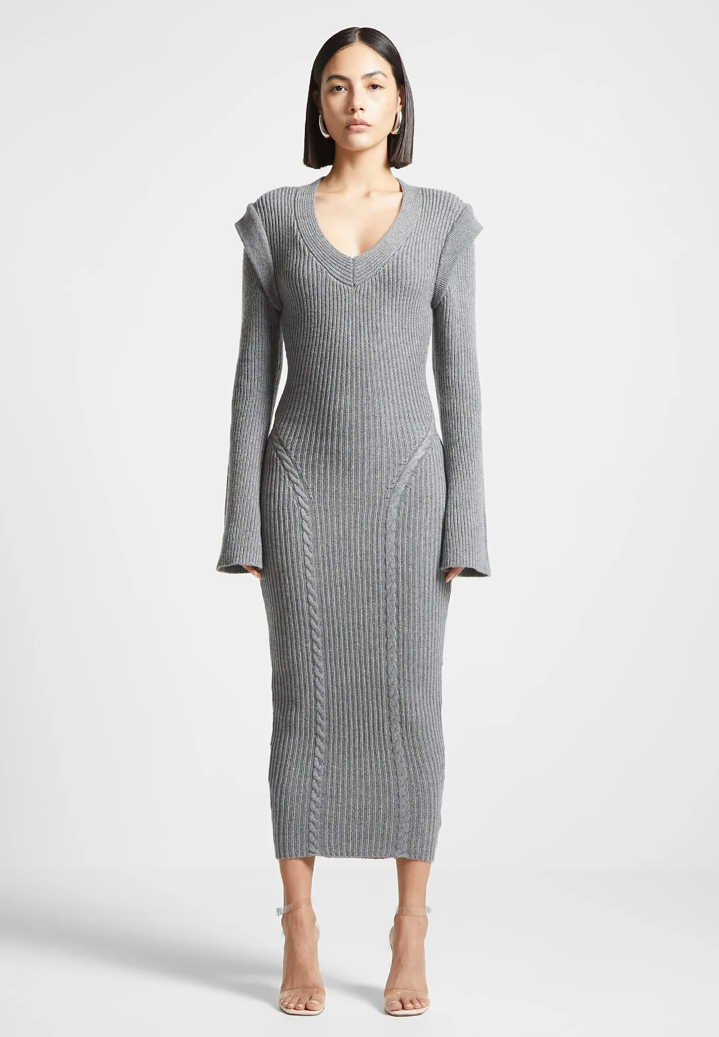 Wide Shoulder Knitted Midaxi Dress - Grey